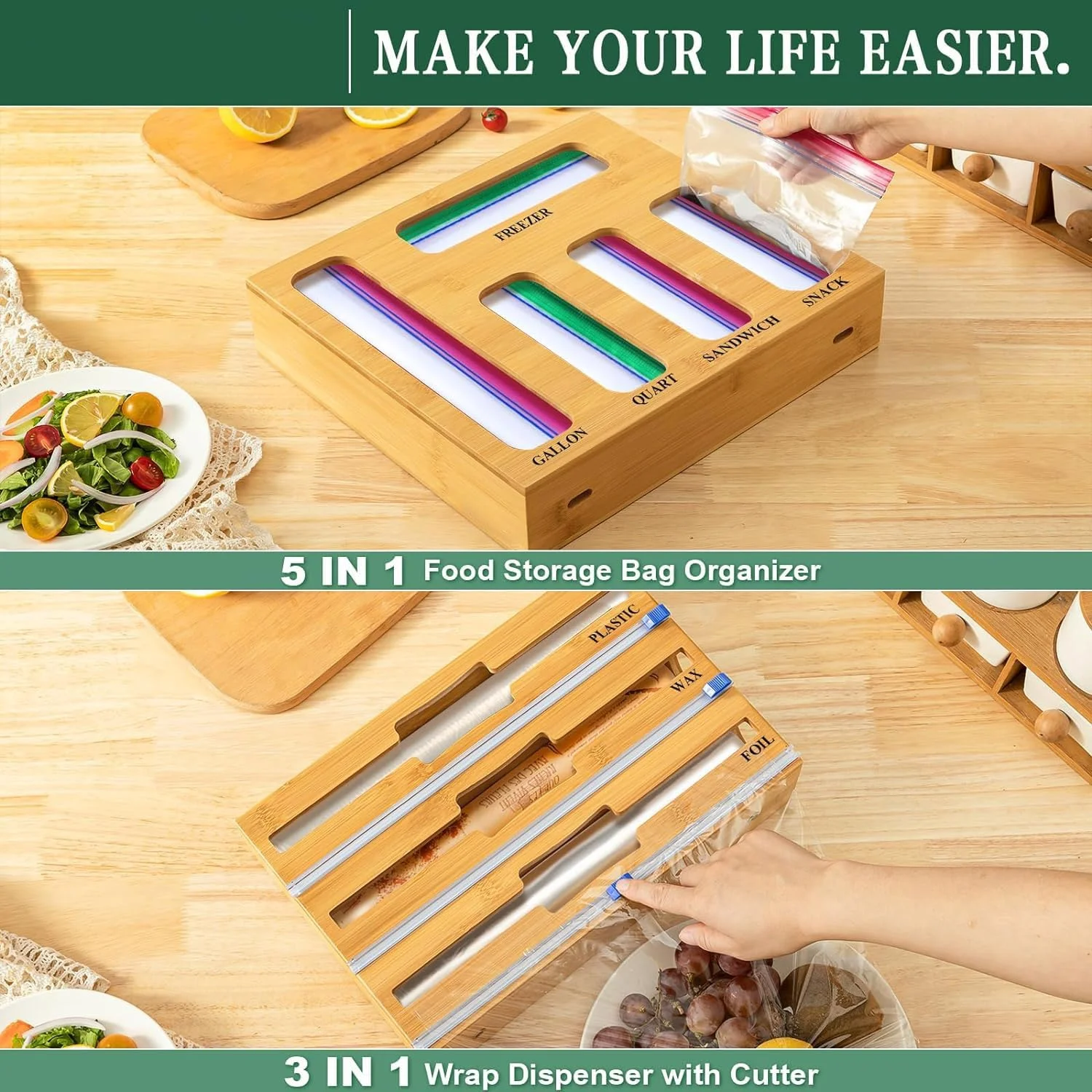 ارگانایزر کیسه های نگهداری 9 در 1 Ybaier برای کشوی آشپزخانه، فویل و روکش پلاستیکی بامبو با برش دهنده، ارگانایزرهای آشپزخانه سازگار با اندازه های گالن، کوارت، ساندویچ و اسنک ارگانایزر کیسه های نگهداری 9 در 1 Ybaier برای کشوی آشپزخانه، فویل و روکش پلاستیکی بامبو با برش دهنده، ارگانایزرهای آشپزخانه سازگار با اندازه های گالن، کوارت، ساندویچ و اسنک