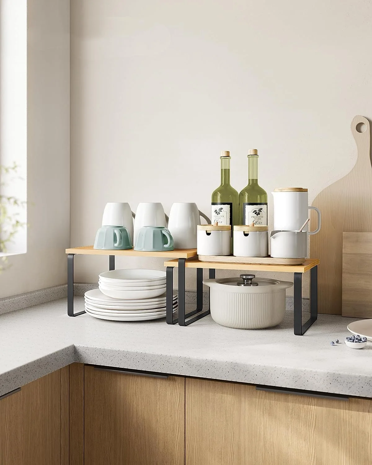 شلف نظم دهنده کابینت XICEN، ست 2 تایی شلف رومیزی آشپزخانه، نگهداری آشپزخانه، قفسه ادویه، قابل انباشته شدن، قابل گسترش، فلز و چوب مهندسی شده