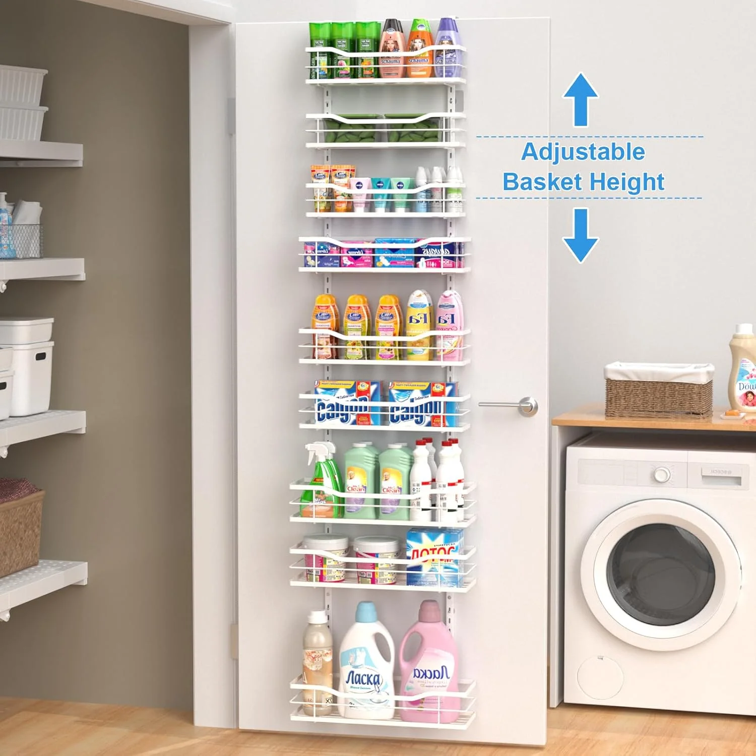 ارگانایزر ۹ طبقه آویز درب کابینت VyGrow، ارگانایزر و قفسه فلزی کابینت با سبد قابل تنظیم، قفسه ادویه جات، ارگانایزر آویز درب برای کابینت، آشپزخانه، رختشورخانه، سفید