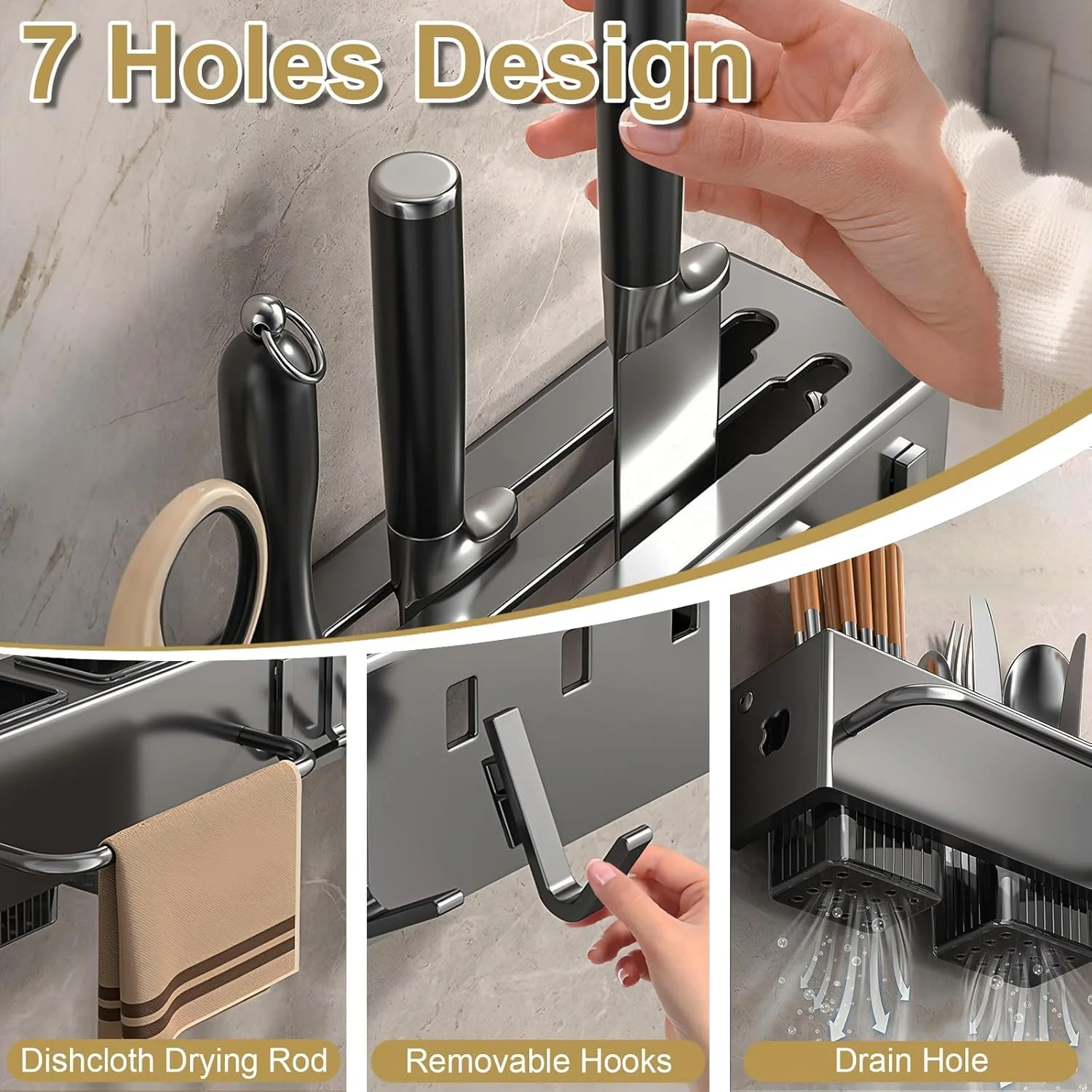 جای آویز وسایل آشپزخانه دیواری با قلاب - قفسه سازمان دهنده آشپزخانه برای صرفه جویی در فضا برای کارد و چنگال، چاقو، قاشق، چنگال، چاپستیک، ادویه جات ترشی جات، حوله و ابزار آشپزی - 40 سانتی متر / 15.7 اینچ مشکی