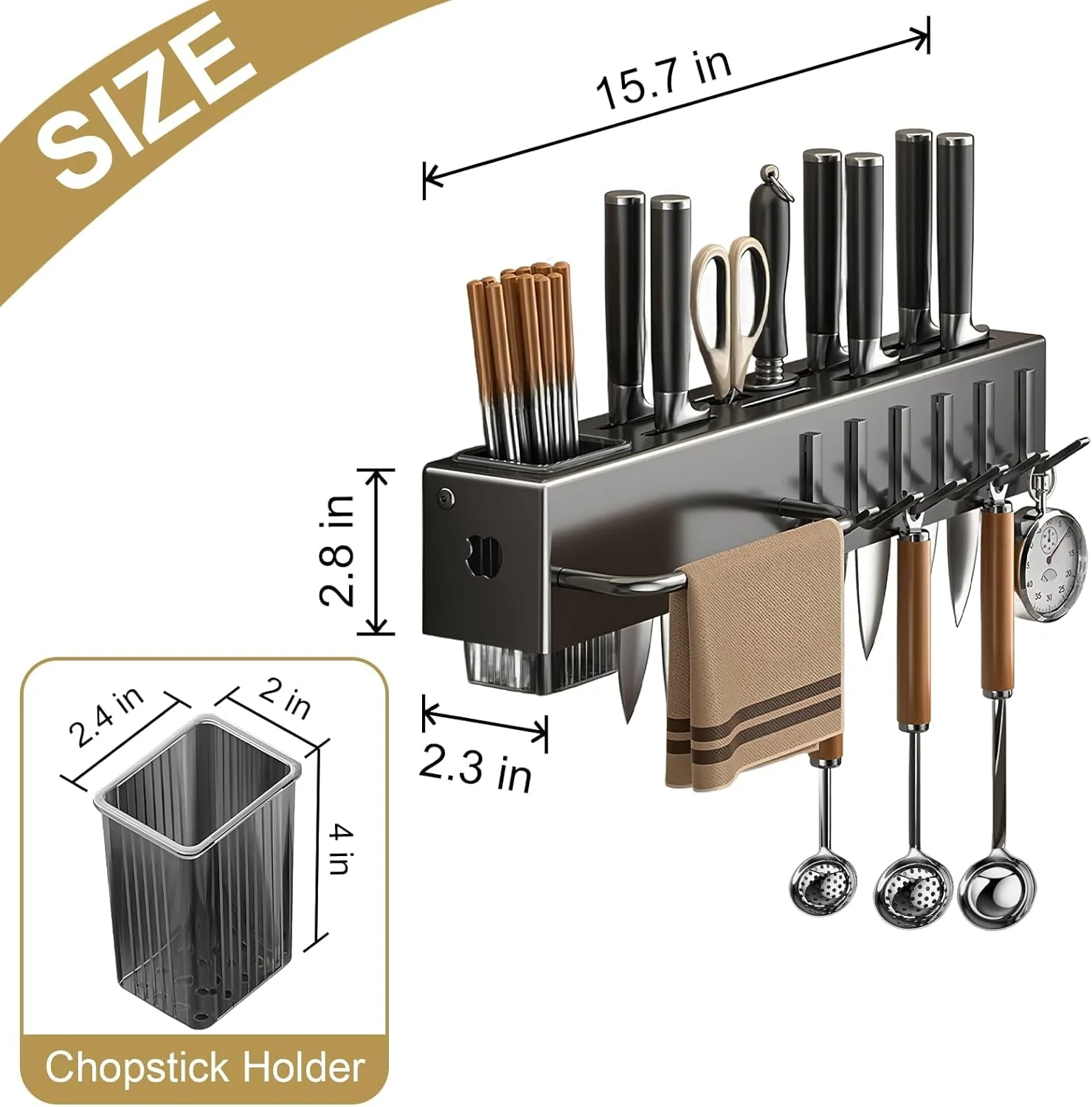 جای آویز وسایل آشپزخانه دیواری با قلاب - قفسه سازمان دهنده آشپزخانه برای صرفه جویی در فضا برای کارد و چنگال، چاقو، قاشق، چنگال، چاپستیک، ادویه جات ترشی جات، حوله و ابزار آشپزی - 40 سانتی متر / 15.7 اینچ مشکی