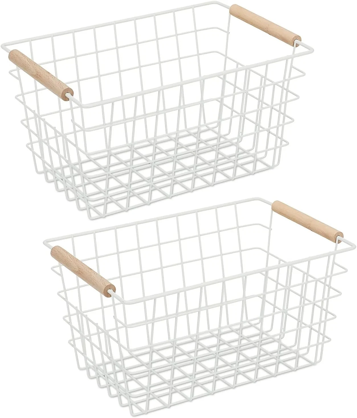 سبد فلزی سیم دار نظم دهنده مواد غذایی Westhood با دسته های چوبی، سبد های نظم دهنده فریزر برای کابینت آشپزخانه، سبد نظم دهنده انبار، دفتر، حمام (2 عدد)
