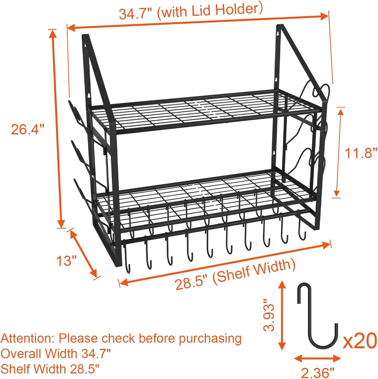 قفسه آویز دیواری وی گرو 28 اینچی، سازمان دهنده دو طبقه قابلمه و تابه با 20 قلاب و 6 نگهدارنده درب، فولاد سنگین برای قابلمه و تابه آشپزخانه، طول 35 اینچ
