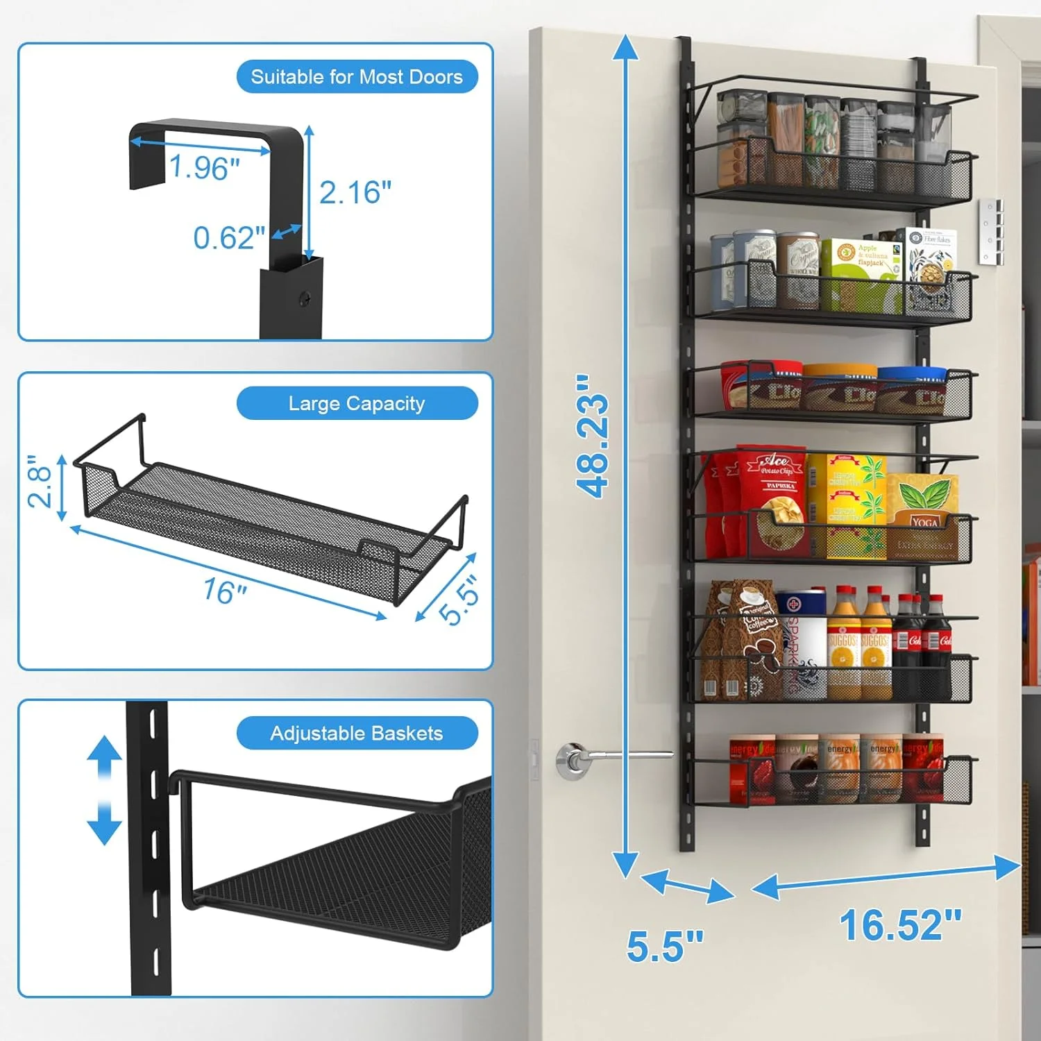 ارگانایزر کابینت VyGrow، 6 طبقه با سبد قابل تنظیم، مناسب برای سازماندهی درب کابینت، قفسه ادویه جات، مناسب برای آشپزخانه و انباری، مشکی