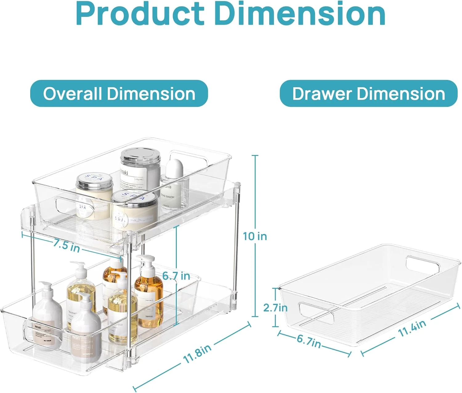 ویتاپمارت، ارگانایزر دو طبقه برای نگهداری لوازم حمام، بسته 2 عددی، ارگانایزر شفاف زیر سینک، محفظه نگهداری لوازم آرایشی، سطل کشویی کابینت دارو، سازماندهی کشویی با ریل برای انبار و آشپزخانه