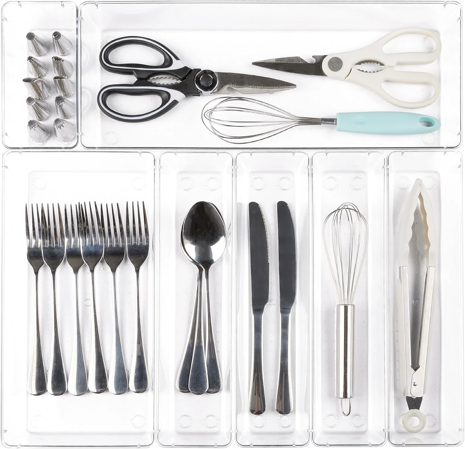 Vtopmart ست 7 عددی نظم دهنده کشو آشپزخانه، سینی نظم دهنده ظروف پلاستیکی شفاف در 4 سایز، نظم دهنده کارد و چنگال برای کشو، سطل های ذخیره سازی برای لوازم آرایش، حمام Vtopmart ست 7 عددی نظم دهنده کشو آشپزخانه، سینی نظم دهنده ظروف پلاستیکی شفاف در 4 سایز، نظم دهنده کارد و چنگال برای کشو، سطل های ذخیره سازی برای لوازم آرایش، حمام