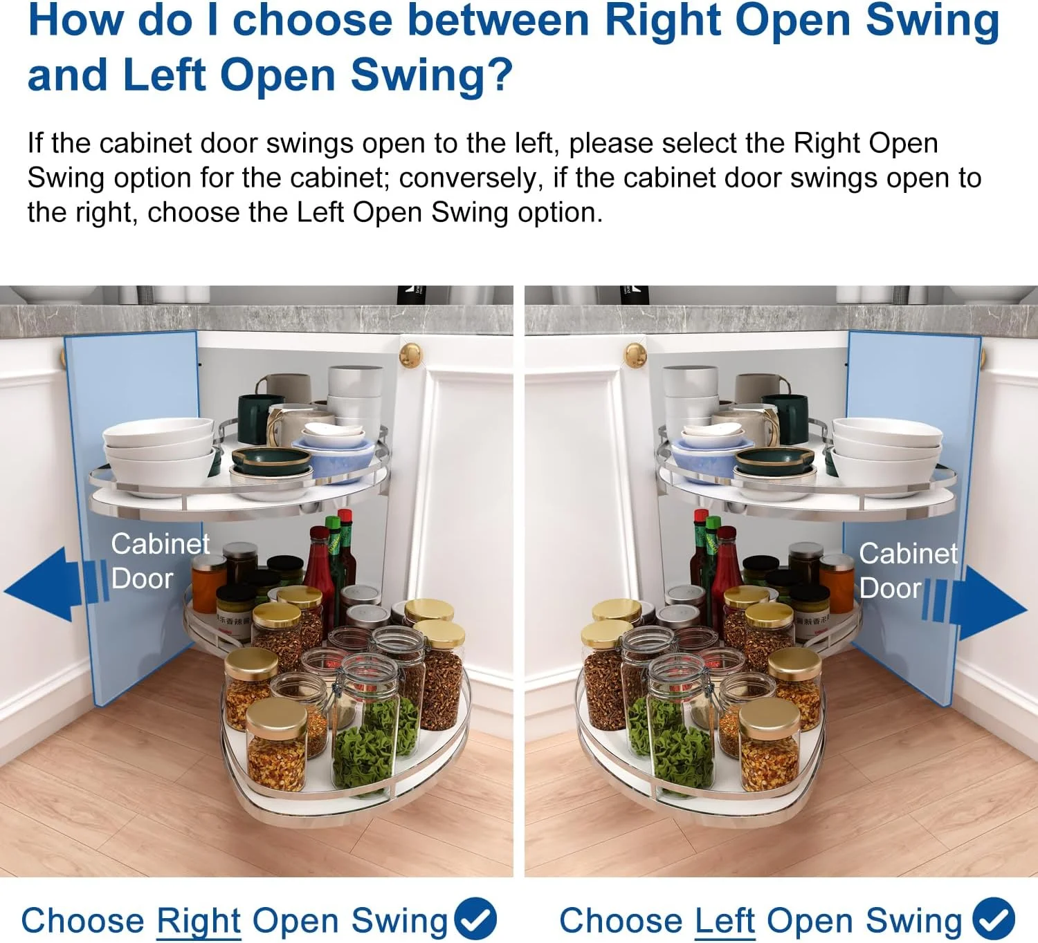 ارگانایزر چرخشی کابینت کنج کور VADANIA، مناسب برای کابینت های 90 سانتی متری، 2 طبقه سینی چرخشی، با مکانیزم آرام بند، بازشو راست ارگانایزر چرخشی کابینت کنج کور VADANIA، مناسب برای کابینت های 90 سانتی متری، 2 طبقه سینی چرخشی، با مکانیزم آرام بند، بازشو راست