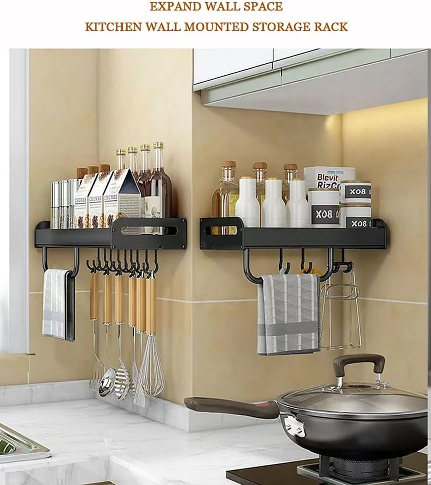 جای ادویه و وسایل آشپزخانه فولاد کربنی، قفسه دیواری برای نگهداری روغن، نمک، سس و سرکه، سازمان دهنده لوازم بهداشتی حمام با میله حوله و قلاب