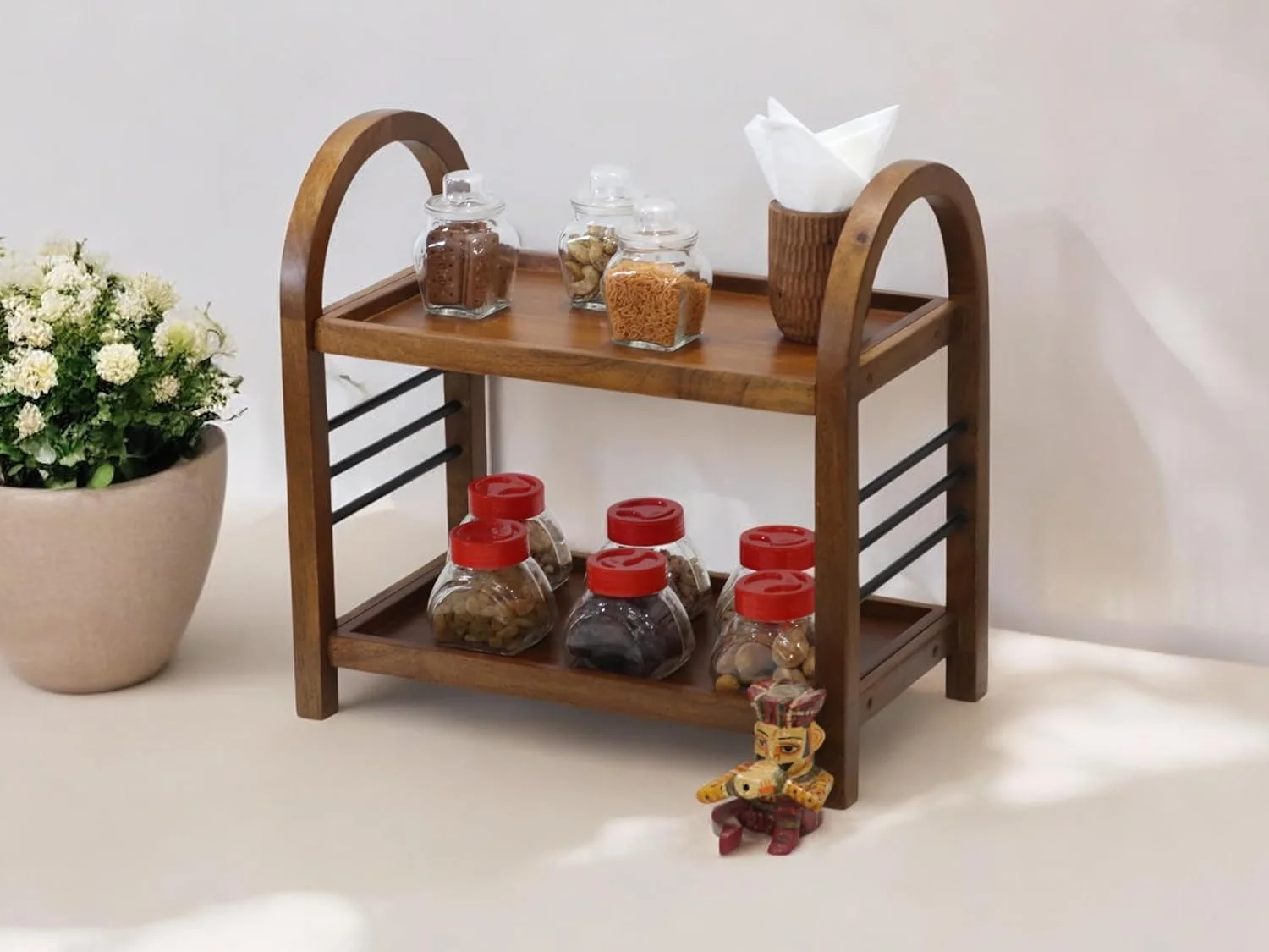 قفسه چوبی نظم دهنده خانه و آشپزخانه وستا هومز / قفسه های ذخیره سازی / قفسه ادویه / نظم دهنده برای دفتر، اتاق خواب | 45.72x 26.92x 45.72 سانتی متر | چوب انبه و آهن | دست ساز در هند قفسه چوبی نظم دهنده خانه و آشپزخانه وستا هومز / قفسه های ذخیره سازی / قفسه ادویه / نظم دهنده برای دفتر، اتاق خواب | 45.72x 26.92x 45.72 سانتی متر | چوب انبه و آهن | دست ساز در هند