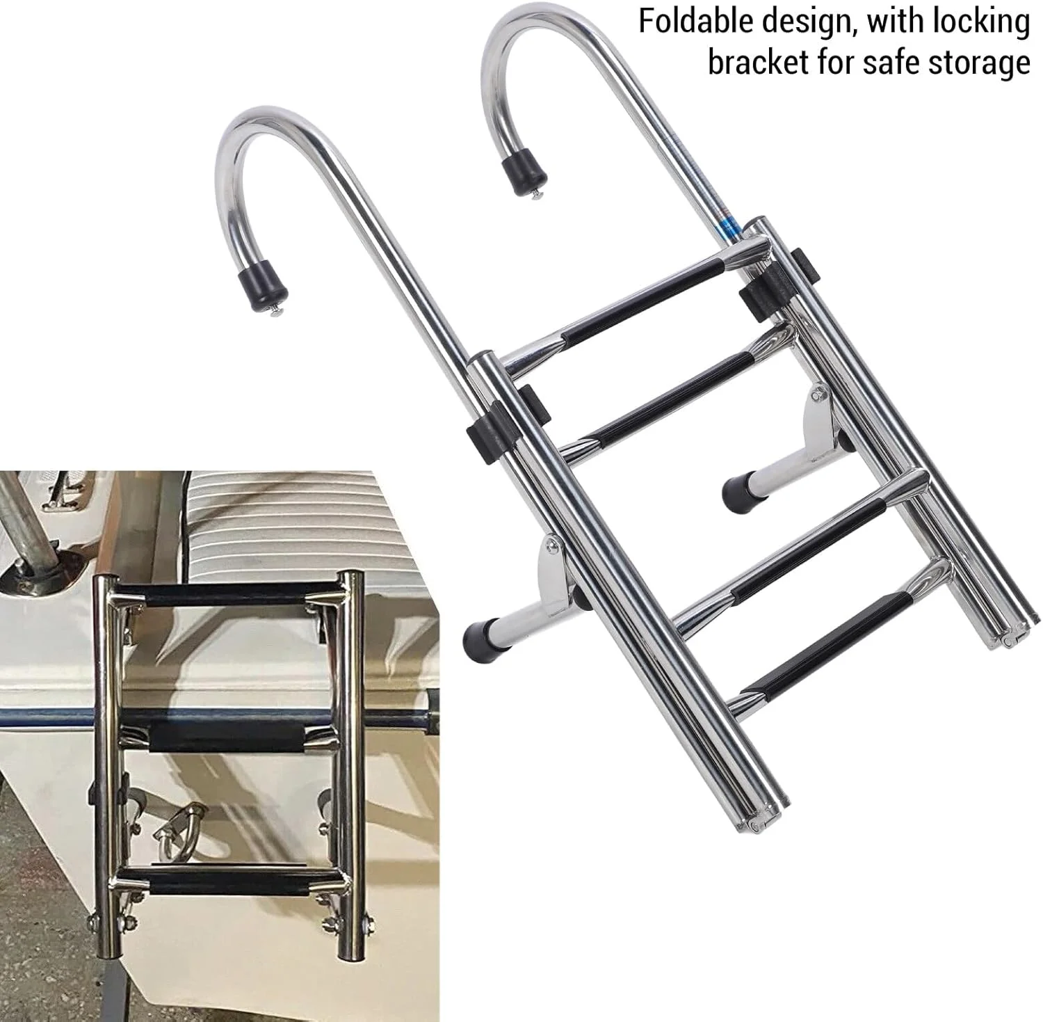 نردبان قایق، نردبان تاشو 4 پله ای استیل ضد زنگ برای قایق های پونتون، نردبان قایقی با نرده و پدال ضد لغزش برای قایق و قایق تفریحی