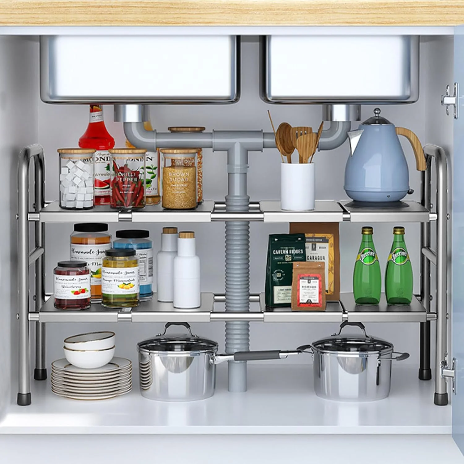 قفسه زیر سینک آشپزخانه URbazaar، قفسه کابینت قابل گسترش با پنل های جداشدنی برای نگهداری در آشپزخانه و حمام، 2 طبقه با 8 صفحه (نقره ای)