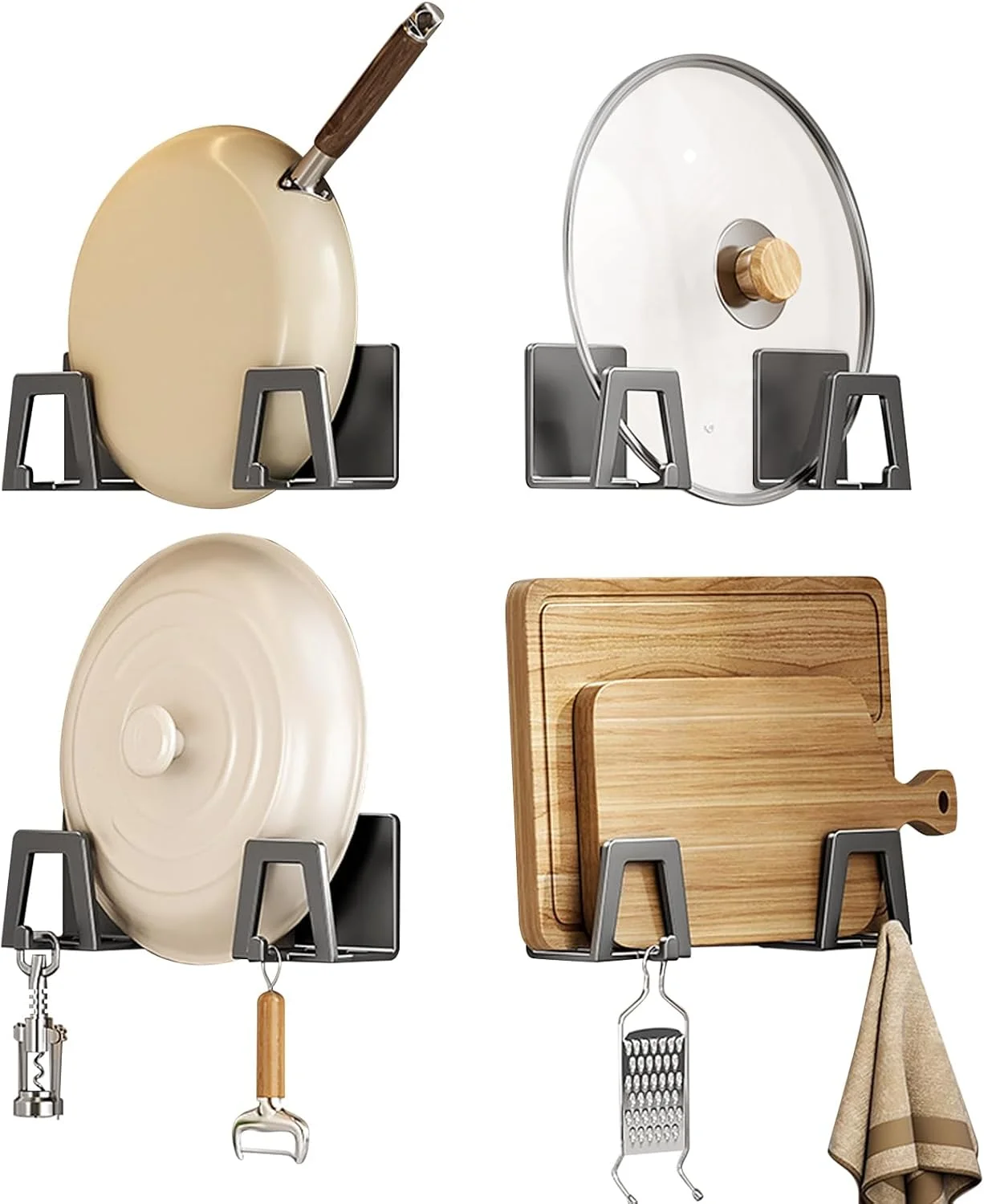 مجموعه 8 عددی نگهدارنده درب قابلمه URbazaar، آویز درب کابینت قابل نصب روی دیوار برای آشپزخانه، نگهدارنده قابل تنظیم درب قابلمه برای دیوار آشپزخانه، قفسه نگهدارنده درب تابه، نگهدارنده اسفنج خود چسب (خاکستری)