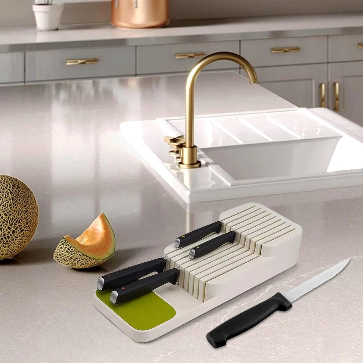 نگهدارنده بلوک چاقوی پلاستیکی URbazaar، قفسه نگهداری چاقوها در کشو، استند چاقو، سینی کابینت، سازمان دهنده کارد و چنگال کشو آشپزخانه، ظرف ظروف غذاخوری (سفید)