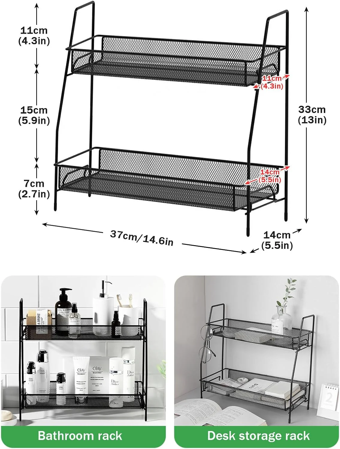 ارگنایزر رومیزی دو طبقه URbazaar برای پیشخوان حمام، ارگنایزر برای اتاق خواب، قفسه ادویه برای قفسه پیشخوان آشپزخانه (مشکی)