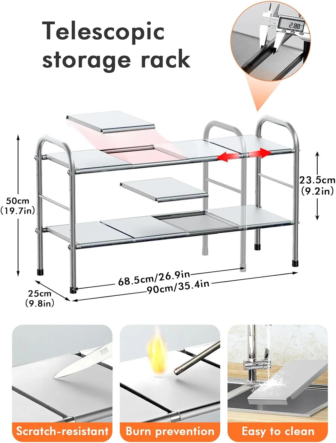 قفسه زیر سینک آشپزخانه URbazaar، قفسه کابینت قابل گسترش با پنل های جداشدنی برای نگهداری در آشپزخانه و حمام، 2 طبقه با 8 صفحه (نقره ای)