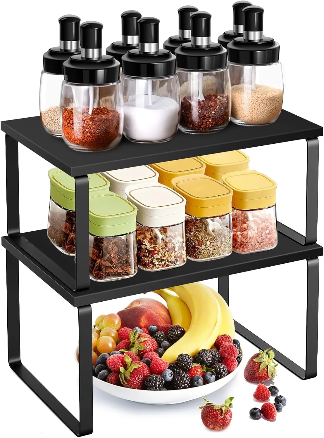 URbazaar 2 عدد قفسه پیشخوان، قفسه ادویه جات آشپزخانه قابل انباشت و گسترش قفسه کابینت - سازمان دهنده چوبی قفسه های رومیزی قابل گسترش برای دفتر، حمام و اتاق خواب، فلز و چوب