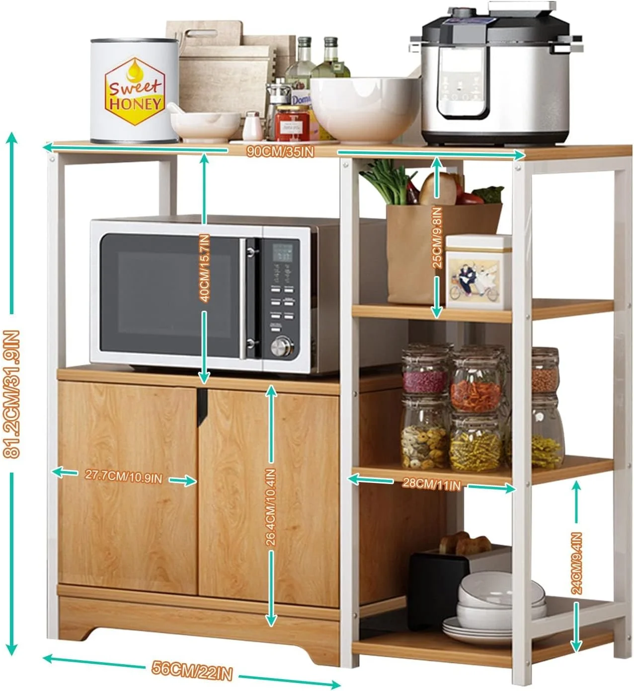 پایه مایکروویو URbazaar با کابینت ذخیره سازی، کابینت آشپزخانه، قفسه آشپزخانه، قفسه ذخیره سازی چند لایه آشپزخانه برای ادویه جات، ظروف، سبزیجات، میوه (4 طبقه سفید-A)