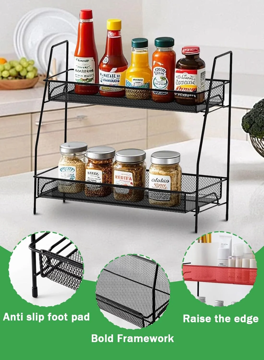 ارگنایزر رومیزی دو طبقه URbazaar برای پیشخوان حمام، ارگنایزر برای اتاق خواب، قفسه ادویه برای قفسه پیشخوان آشپزخانه (مشکی)