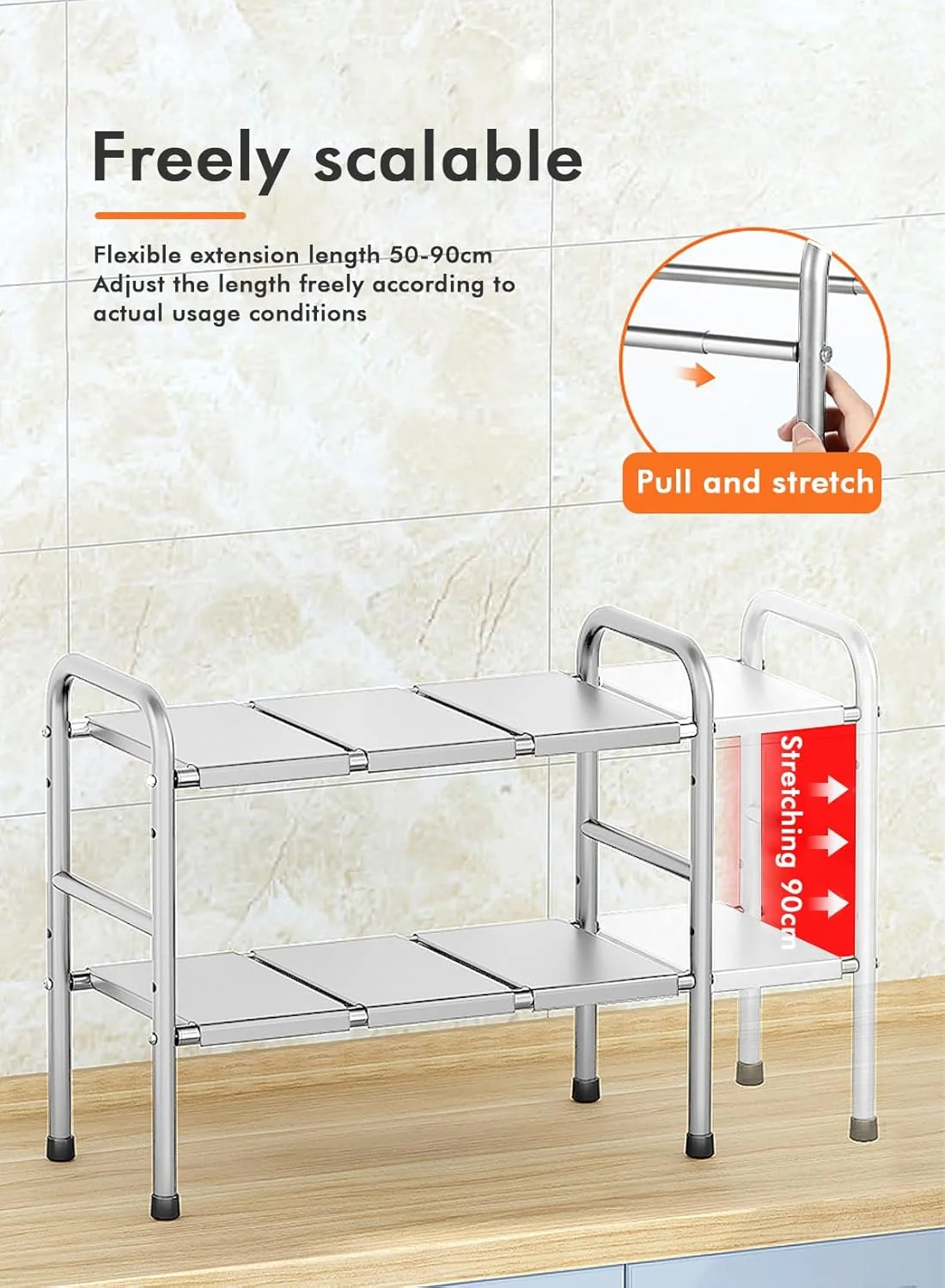 قفسه زیر سینک آشپزخانه URbazaar، قفسه کابینت قابل گسترش با پنل های جداشدنی برای نگهداری در آشپزخانه و حمام، 2 طبقه با 8 صفحه (نقره ای)