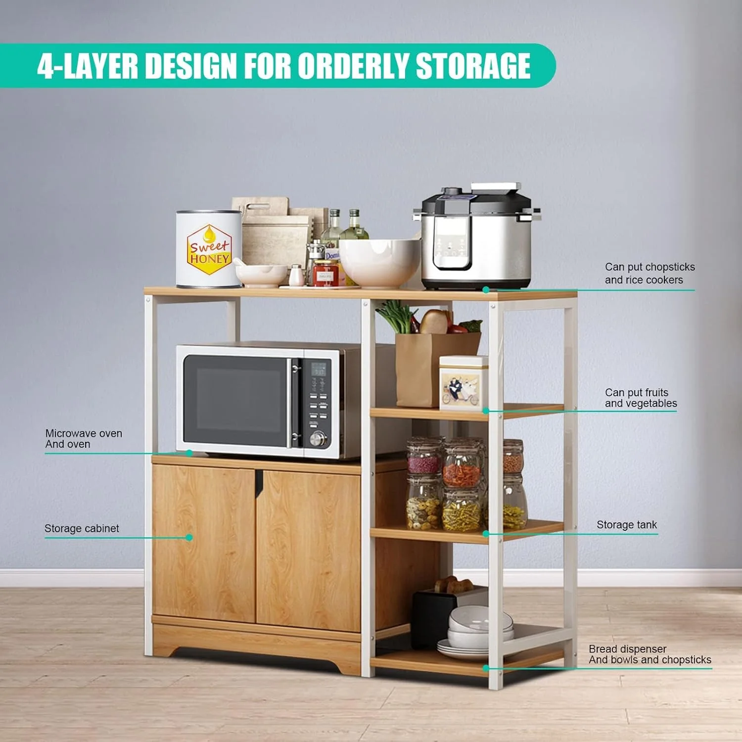 پایه مایکروویو URbazaar با کابینت ذخیره سازی، کابینت آشپزخانه، قفسه آشپزخانه، قفسه ذخیره سازی چند لایه آشپزخانه برای ادویه جات، ظروف، سبزیجات، میوه (4 طبقه سفید-A)