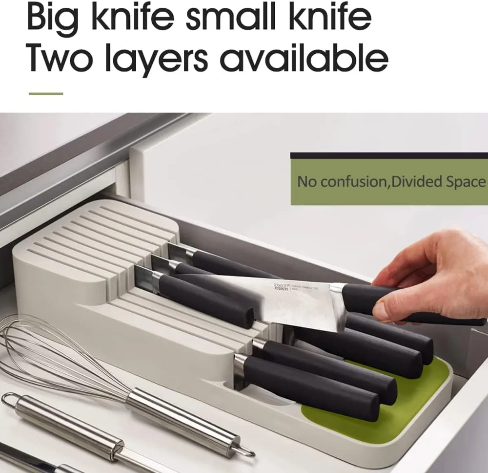 نگهدارنده بلوک چاقوی پلاستیکی URbazaar، قفسه نگهداری چاقوها در کشو، استند چاقو، سینی کابینت، سازمان دهنده کارد و چنگال کشو آشپزخانه، ظرف ظروف غذاخوری (سفید)
