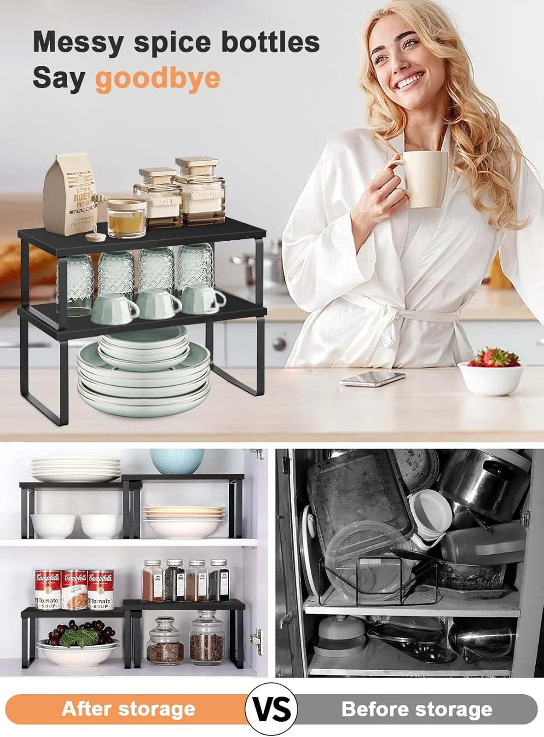 URbazaar 2 عدد قفسه پیشخوان، قفسه ادویه جات آشپزخانه قابل انباشت و گسترش قفسه کابینت - سازمان دهنده چوبی قفسه های رومیزی قابل گسترش برای دفتر، حمام و اتاق خواب، فلز و چوب