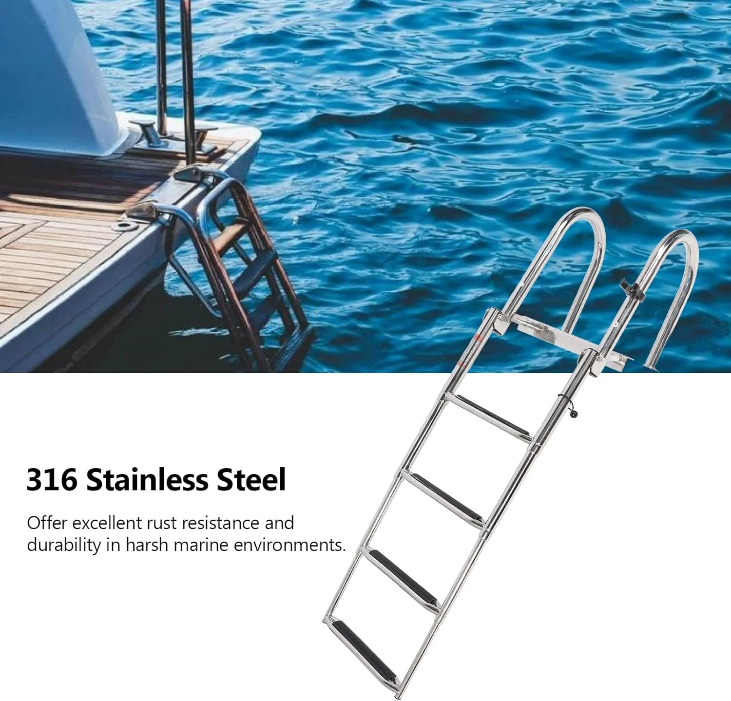نردبان قایق پانتونی 4 پله Luocute، نردبان تلسکوپی تاشو ضد لغزش فولاد ضد زنگ 316 سنگین، کاربرد چند منظوره برای نصب در قایق های دریایی، قایق تفریحی و استخر شنا