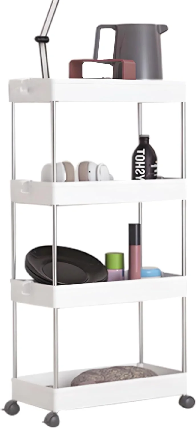 قفسه چرخ دار، ارگانایزر ترولی 4 طبقه Uoexziyi برای حمام، ارگانایزر اتاق لباسشویی، ترولی کاربردی، قفسه بندی متحرک، قفسه های چند منظوره برای آشپزخانه، دفتر، اتاق لباسشویی (سفید)