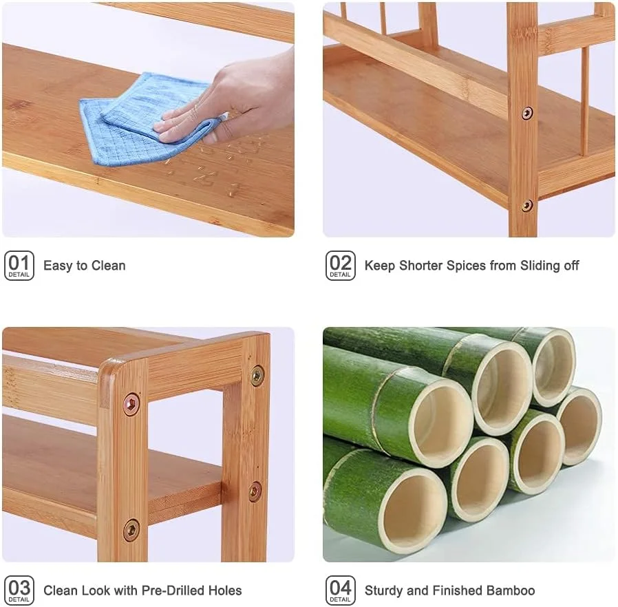 ارگانایزر ادویه دو طبقه بامبو Ufine، قفسه نگهداری رومیزی آشپزخانه، نگهدارنده ایستاده برای زیر کابینت حمام، مناسب برای بطری ها و شیشه های مختلف، صرفه جویی در فضا