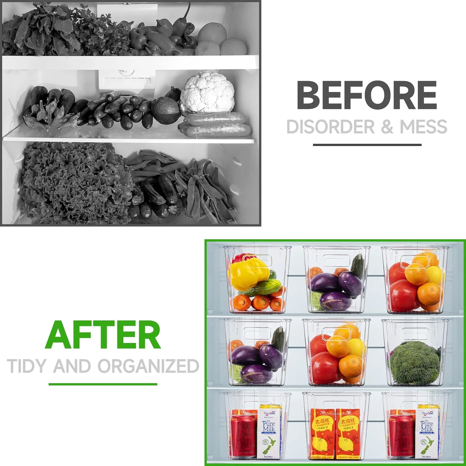 ظروف نگهداری و سازماندهی مواد غذایی UCHUANG برای خانه، ست 4 عددی سازمان دهنده یخچال با درب، ظروف پلاستیکی بدون BPA قابل چیدن و شفاف برای نگهداری مواد غذایی در آشپزخانه