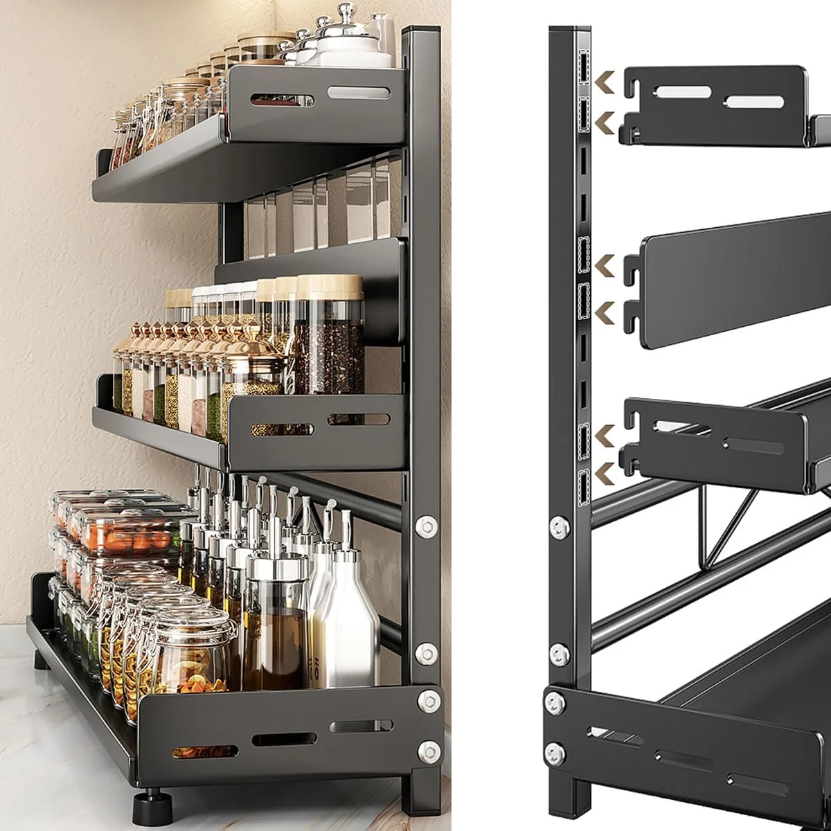 جای ادویه تایکام، قفسه آشپزخانه، ارگانایزر رومیزی، قفسه ادویه ایستاده بزرگ 3 طبقه برای نگهداری ادویه، ارگانایزر ادویه آشپزخانه، جا ادویه ای (3 طبقه قابل تنظیم مشکی)