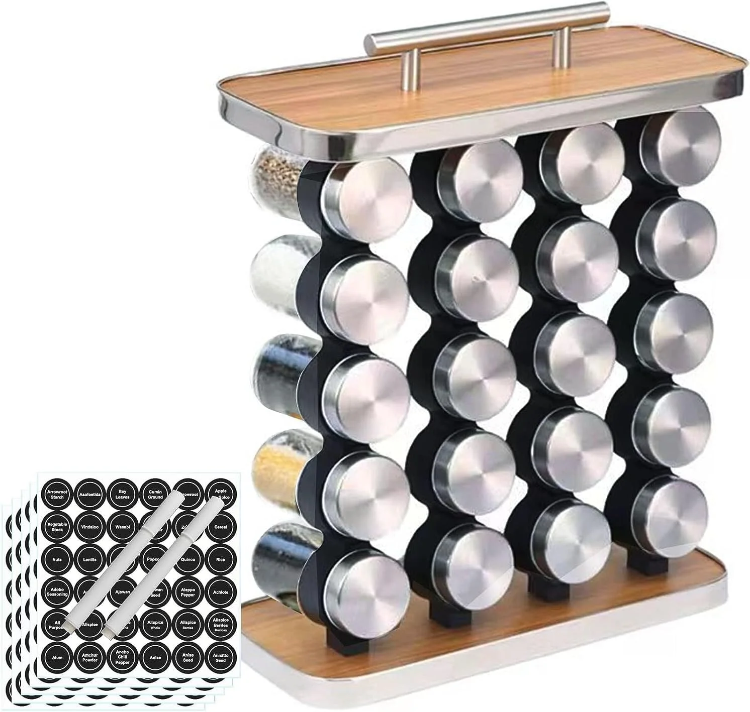 جای ادویه توکلی، سازمان دهنده قابل حمل ادویه جات استیل ضد زنگ، قفسه نگهداری ادویه آشپزخانه قابل حمل برای باربیکیو در فضای باز، همراه با 20 شیشه ادویه با برچسب های قابل استفاده مجدد و قیف