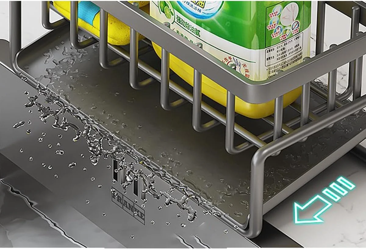 جا اسکاچی و نگهدارنده پارچه تی کام، استند خشک کن دستمال آشپزخانه، جا برس و صابون، قفسه نگهداری دستمال ظرفشویی، سازمان دهنده سینک برای روی میز آشپزخانه (خاکستری)