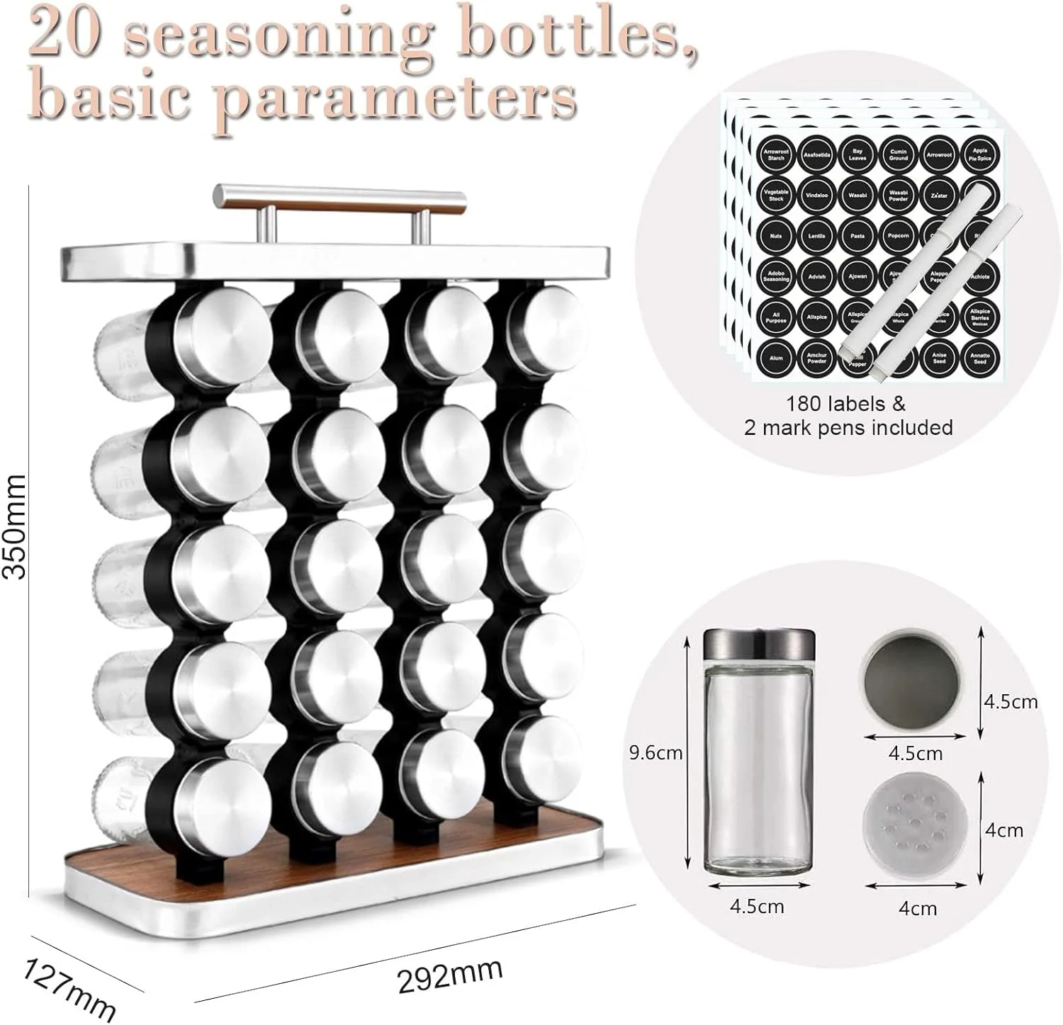 جای ادویه توکلی، سازمان دهنده قابل حمل ادویه جات استیل ضد زنگ، قفسه نگهداری ادویه آشپزخانه قابل حمل برای باربیکیو در فضای باز، همراه با 20 شیشه ادویه با برچسب های قابل استفاده مجدد و قیف