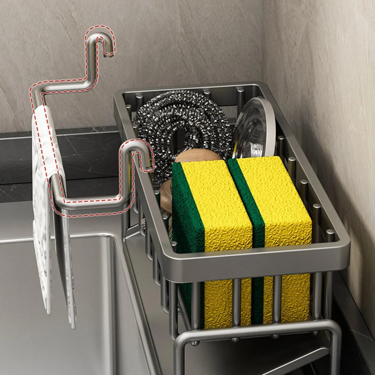 جا اسکاچی و نگهدارنده پارچه تی کام، استند خشک کن دستمال آشپزخانه، جا برس و صابون، قفسه نگهداری دستمال ظرفشویی، سازمان دهنده سینک برای روی میز آشپزخانه (خاکستری)