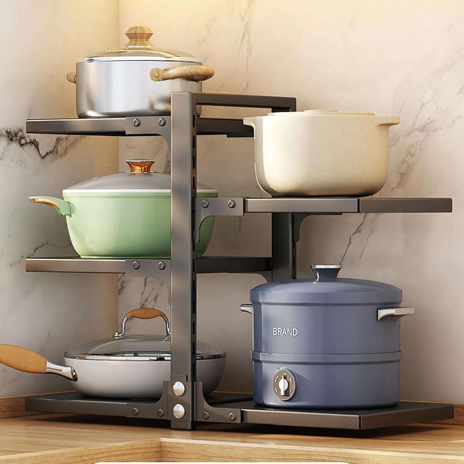 ارگانایزر قابلمه و تابه Tycom برای کابینت، ارگانایزر و قفسه ذخیره سازی آشپزخانه، پایه صرفه جویی در فضا با جداکننده های قابل تنظیم، 5 لایه دو طرفه با پانل مشکی.