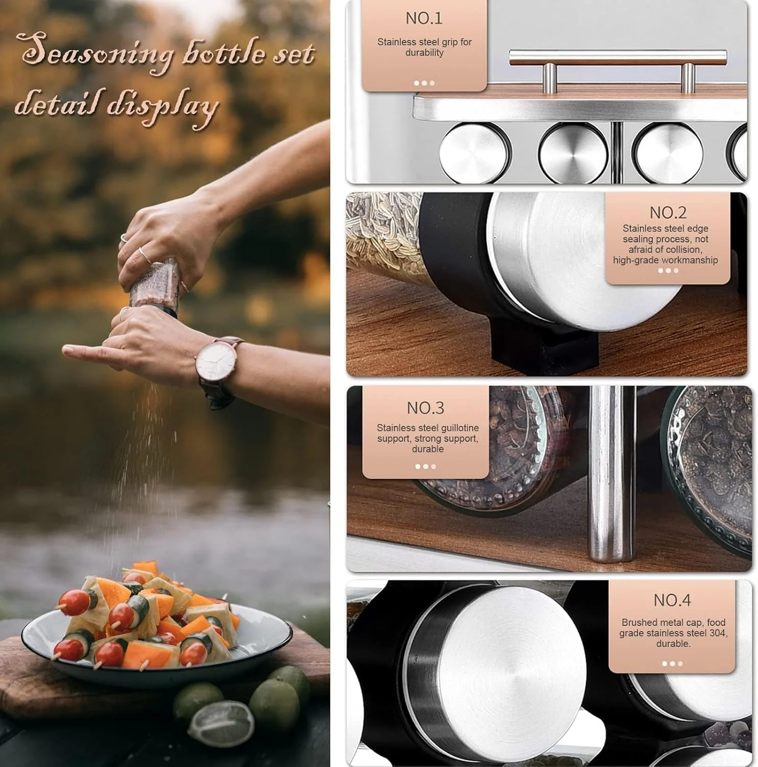 جای ادویه توکلی، سازمان دهنده قابل حمل ادویه جات استیل ضد زنگ، قفسه نگهداری ادویه آشپزخانه قابل حمل برای باربیکیو در فضای باز، همراه با 20 شیشه ادویه با برچسب های قابل استفاده مجدد و قیف