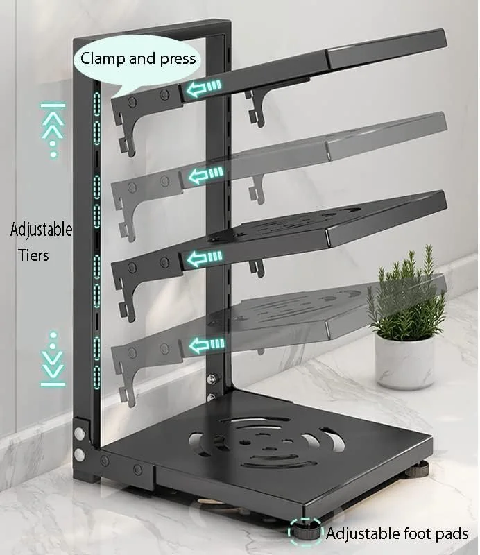 ارگانایزر قابلمه و تابه Tycom برای کابینت، ارگانایزر و قفسه ذخیره سازی آشپزخانه، پایه صرفه جویی در فضا با جداکننده های قابل تنظیم، 5 لایه دو طرفه با پانل مشکی.