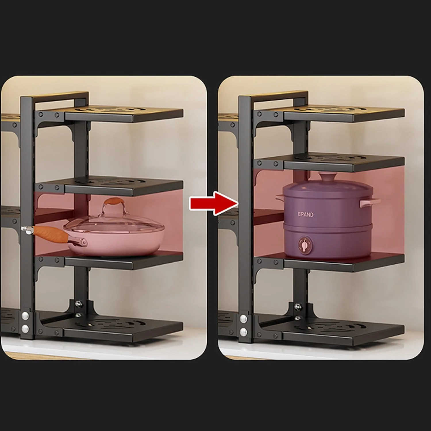 ارگانایزر قابلمه و تابه Tycom برای کابینت، ارگانایزر و قفسه ذخیره سازی آشپزخانه، پایه صرفه جویی در فضا با جداکننده های قابل تنظیم، 5 لایه دو طرفه با پانل مشکی.