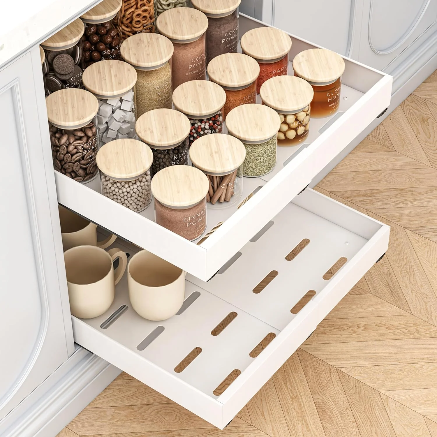 ارگانایزر کابینت کشویی THMINS، بسته 2 عددی، عمق 16 اینچ، قابل گسترش (12.6 تا 20.5 اینچ)، کشوهای کشویی سنگین، مناسب برای نگهداری وسایل آشپزخانه (سفید)