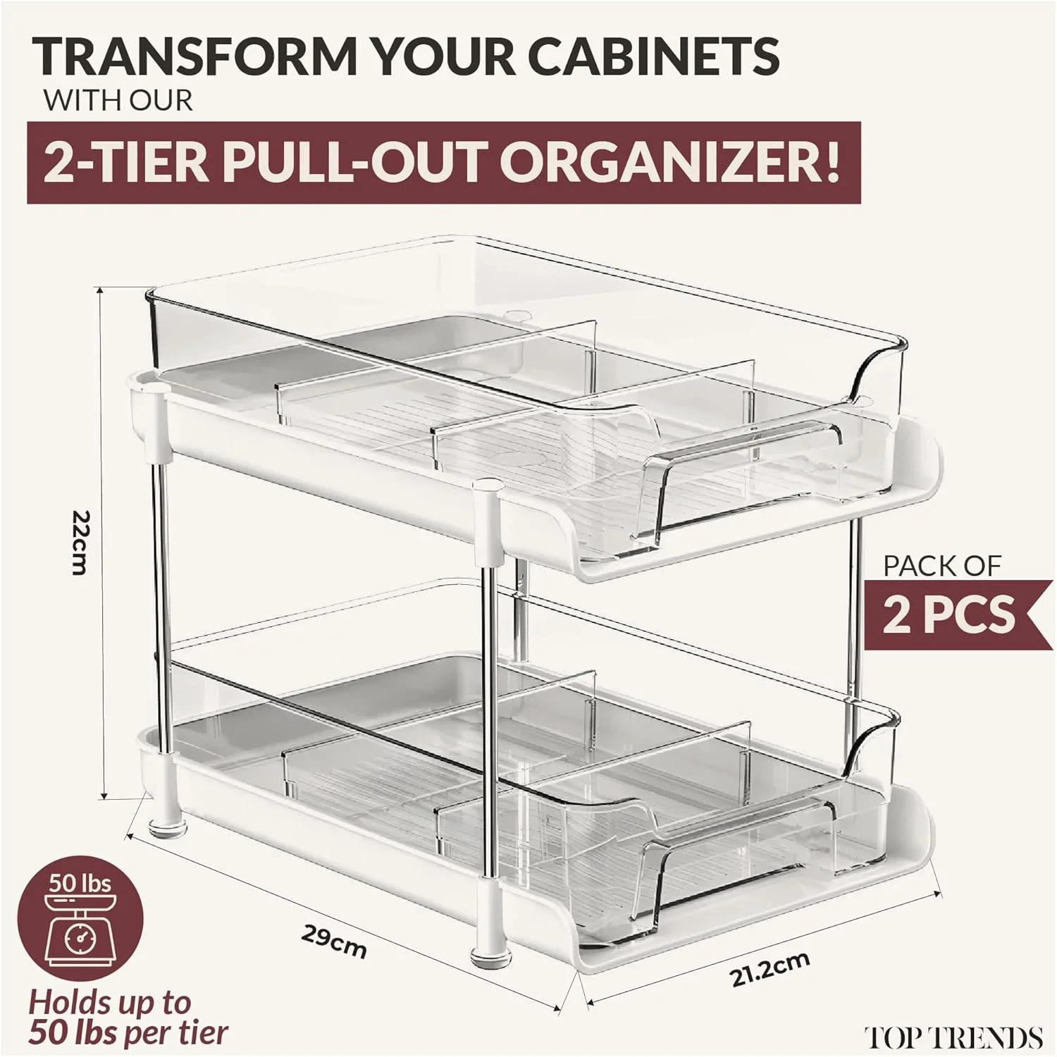 ارگانایزر زیر سینک دو طبقه شفاف تاپ ترندز، کابینت مدرن سفید آشپزخانه و حمام، بسته 2 عددی کشویی، ظرفیت 22 کیلوگرم در هر طبقه