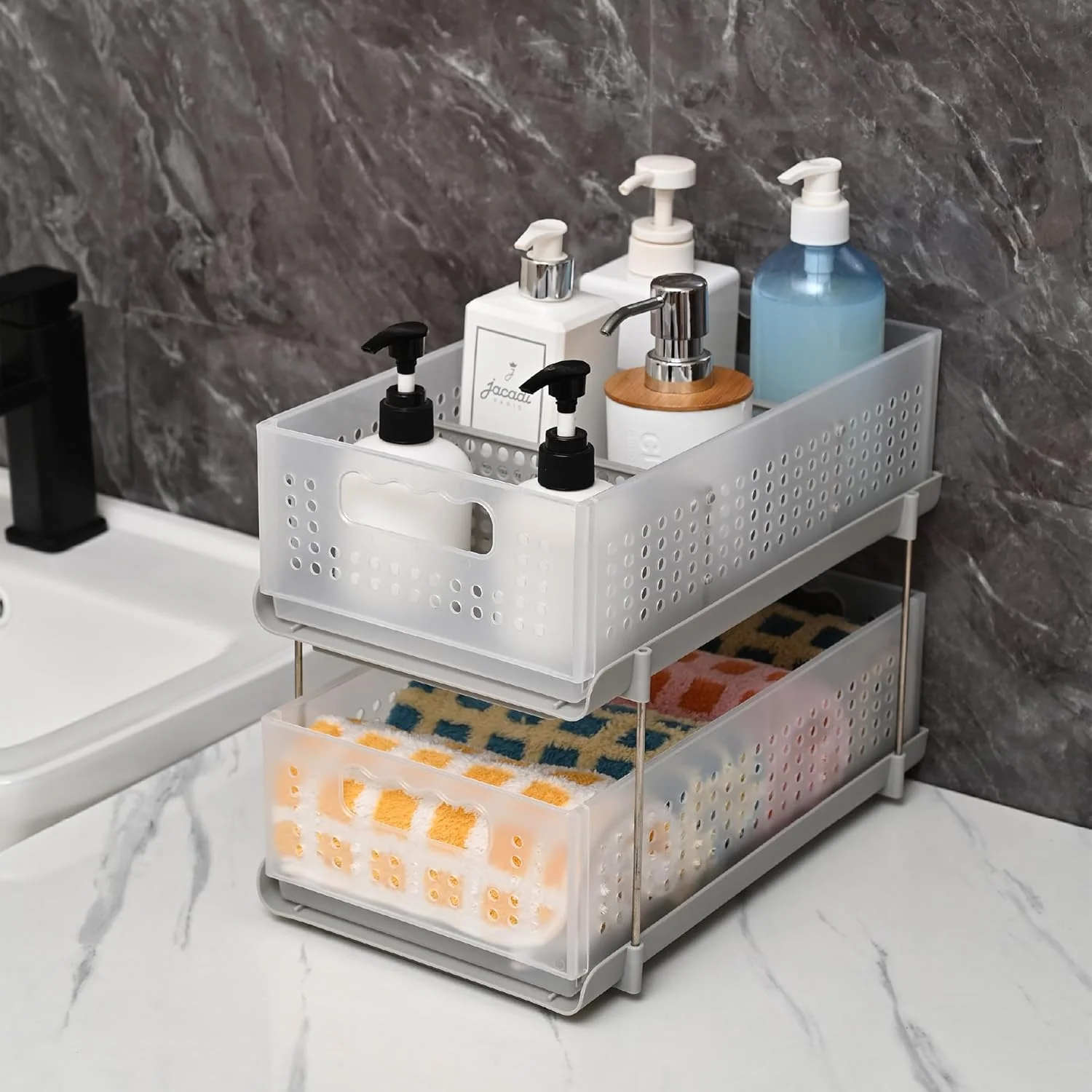 ارگانایزر و نظم دهنده سینک ظرفشویی، ارگانایزر کابینت آشپزخانه و حمام کشویی، ارگانایزر 2 طبقه سفید زیر سینک برای آشپزخانه و حمام، ارگانایزر زیر کابینتی (سفید، بسته 1 عددی)