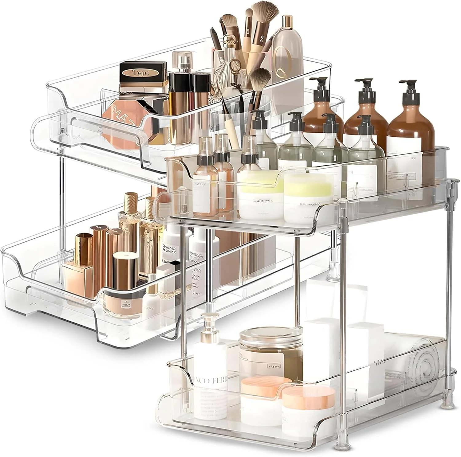 ارگانایزر و نظم دهنده زیر سینک آکریلیک تاپ ترندز، بسته 2 عددی کشویی کابینت آشپزخانه و حمام، ارگانایزر 2 طبقه زیر سینک برای آشپزخانه و حمام، ارگانایزر زیر کانتری