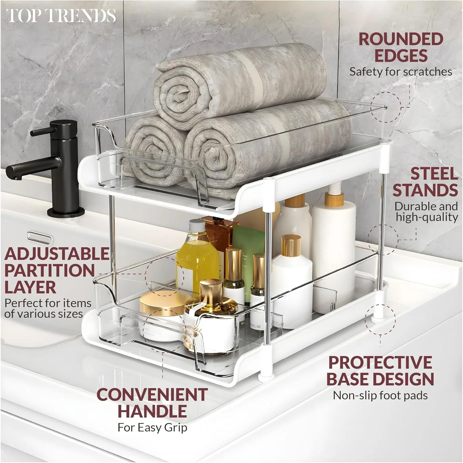 ارگانایزر زیر سینک دو طبقه شفاف تاپ ترندز، کابینت مدرن سفید آشپزخانه و حمام، بسته 2 عددی کشویی، ظرفیت 22 کیلوگرم در هر طبقه