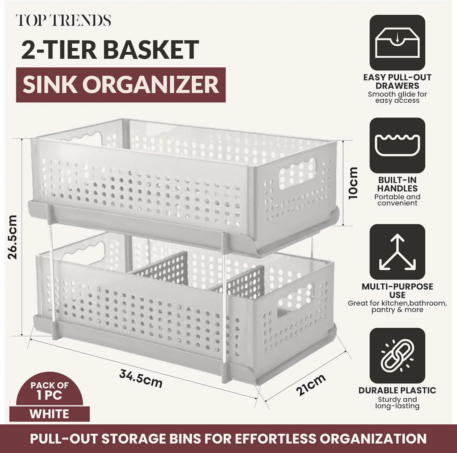 ارگانایزر و نظم دهنده سینک ظرفشویی، ارگانایزر کابینت آشپزخانه و حمام کشویی، ارگانایزر 2 طبقه سفید زیر سینک برای آشپزخانه و حمام، ارگانایزر زیر کابینتی (سفید، بسته 1 عددی)