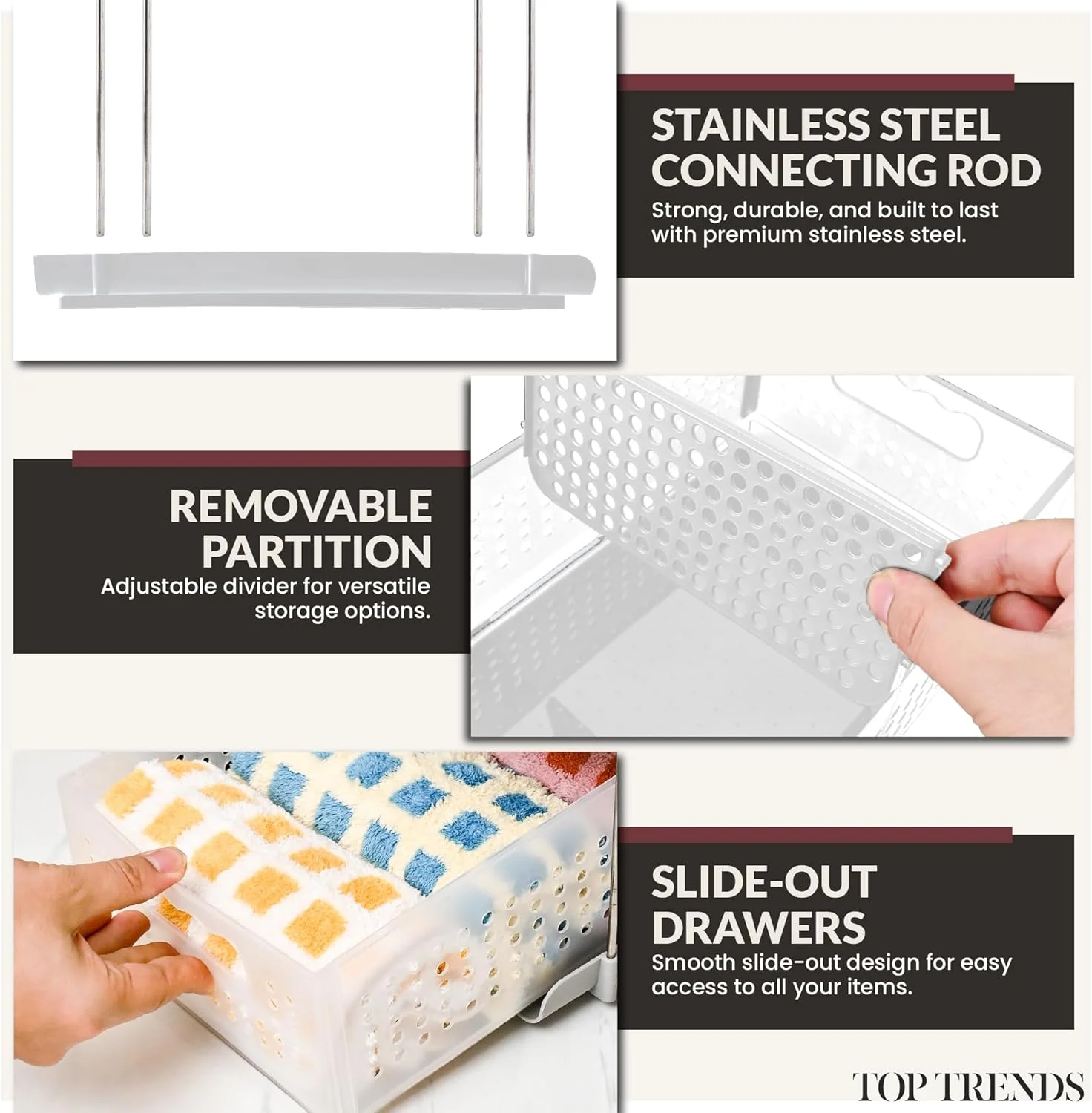 ارگانایزر و نظم دهنده سینک ظرفشویی، ارگانایزر کابینت آشپزخانه و حمام کشویی، ارگانایزر 2 طبقه سفید زیر سینک برای آشپزخانه و حمام، ارگانایزر زیر کابینتی (سفید، بسته 1 عددی)