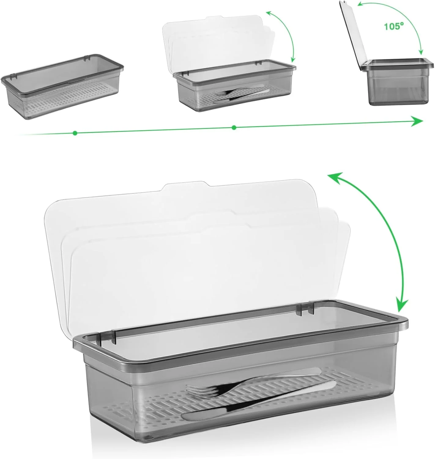 سینی پلاستیکی کارد و چنگال TOPBATHY با درب، ارگانایزر کشو لوازم آشپزخانه و ظروف، محفظه نگهداری رومیزی نقره ای (مشکی)