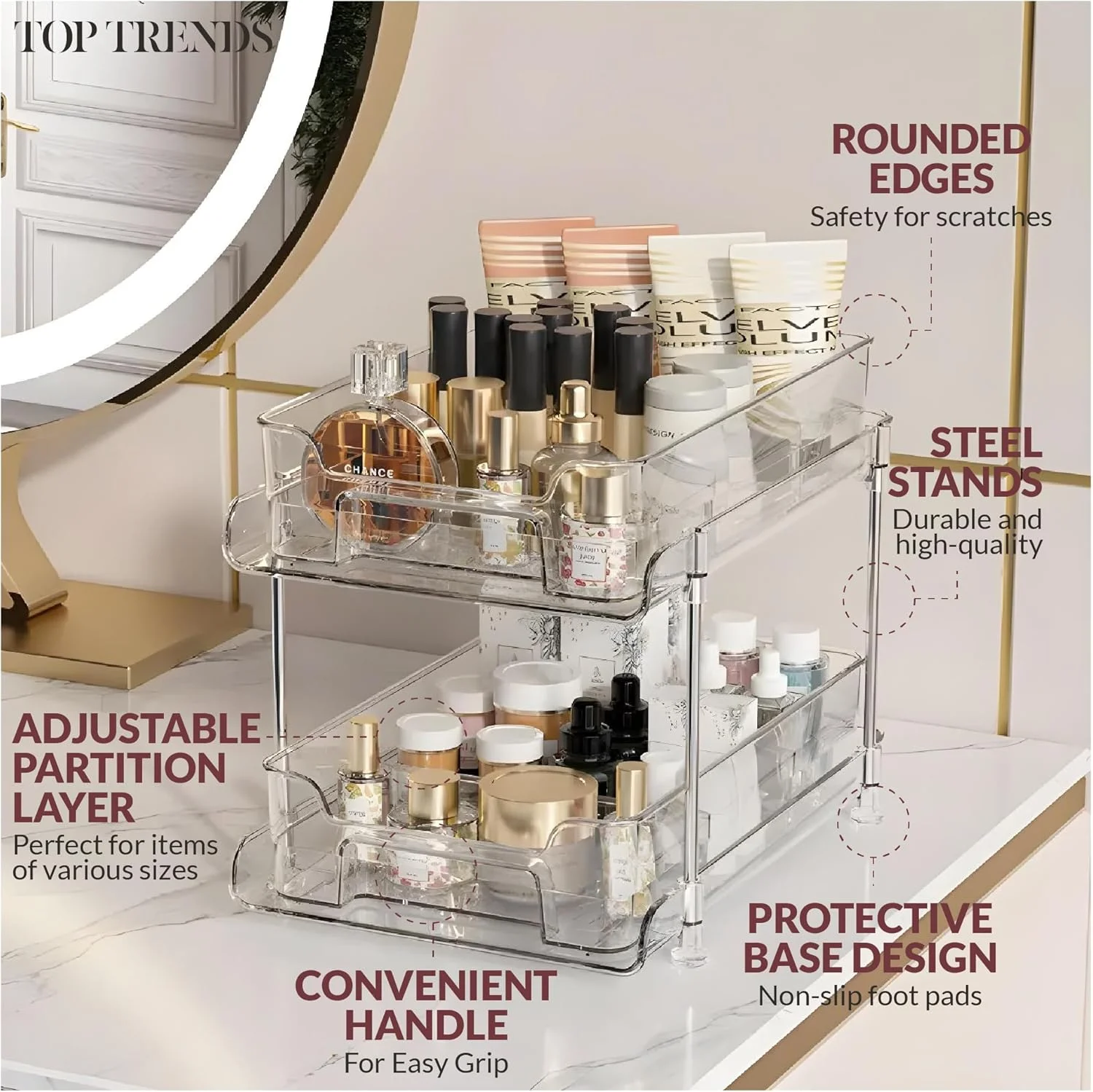 ارگانایزر و نظم دهنده زیر سینک آکریلیک تاپ ترندز، بسته 2 عددی کشویی کابینت آشپزخانه و حمام، ارگانایزر 2 طبقه زیر سینک برای آشپزخانه و حمام، ارگانایزر زیر کانتری