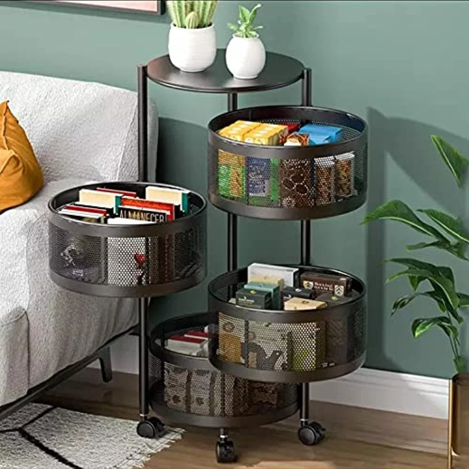 سبد میوه و سبزیجات آشپزخانه فلزی ضخیم شده جدید 4 طبقه، سبد گردان چند لایه، قفسه نگهداری چند منظوره، سازمان دهنده آشپزخانه