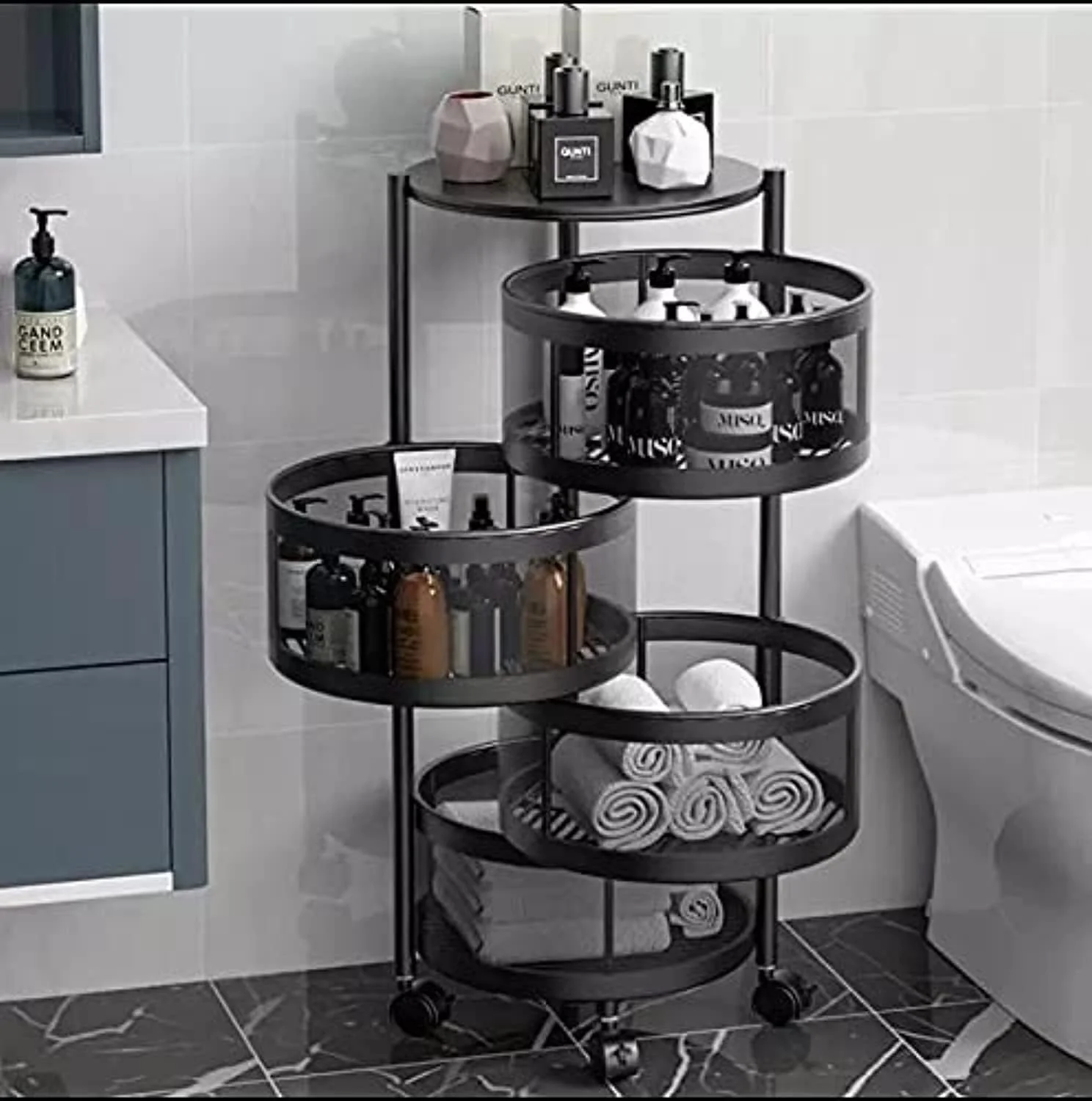 سبد میوه و سبزیجات آشپزخانه فلزی ضخیم شده جدید 4 طبقه، سبد گردان چند لایه، قفسه نگهداری چند منظوره، سازمان دهنده آشپزخانه